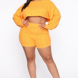 Fashion Nova Orange Cable Knit Oversized Sleeve Crop Sweater and Short set